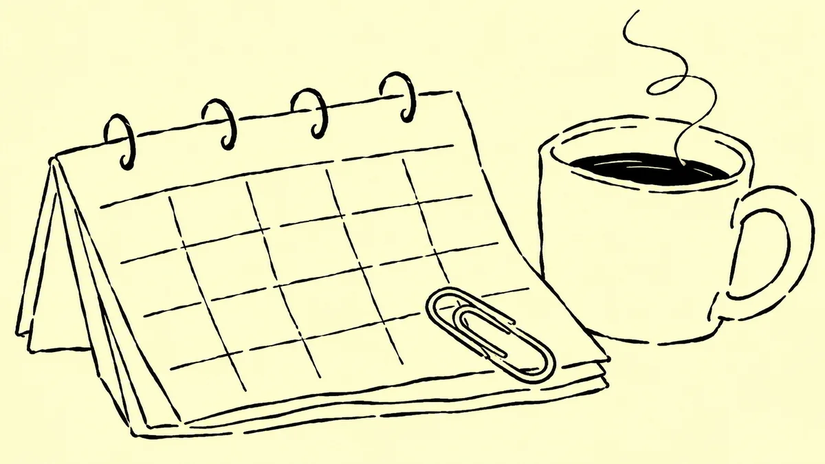 Zeichnung eines Notizblatts mit Büroklammer und Tasse
