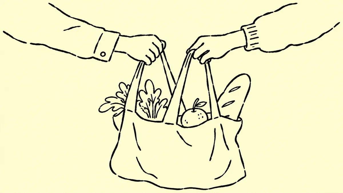 Zeichnung zweier Hände an einer Tasche