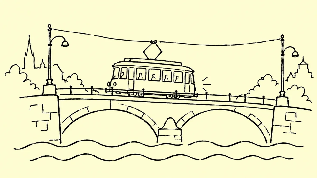 Gezeichnete Straßenbahn auf einer Brücke über den Main