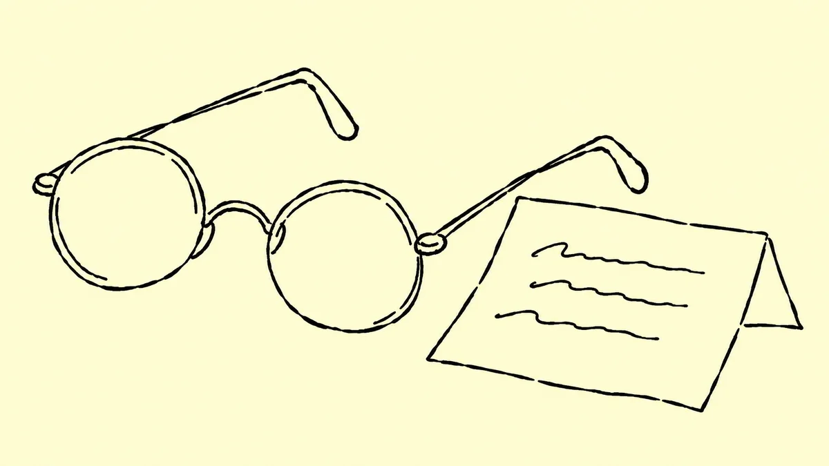 Zeichnung einer Brille und eines Notizzettels